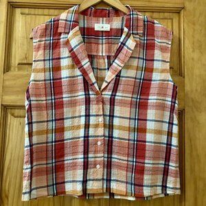 Lou & Grey Plaid Pink and Orange Seersucker Crop Tank Top